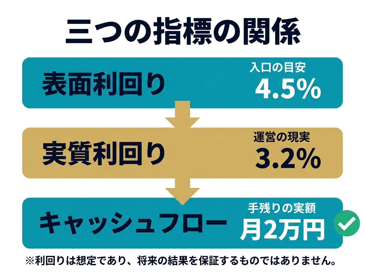 ② 10画像案：表面利回り、実質利回り、キャッシュフローの関係を三段階で示す図