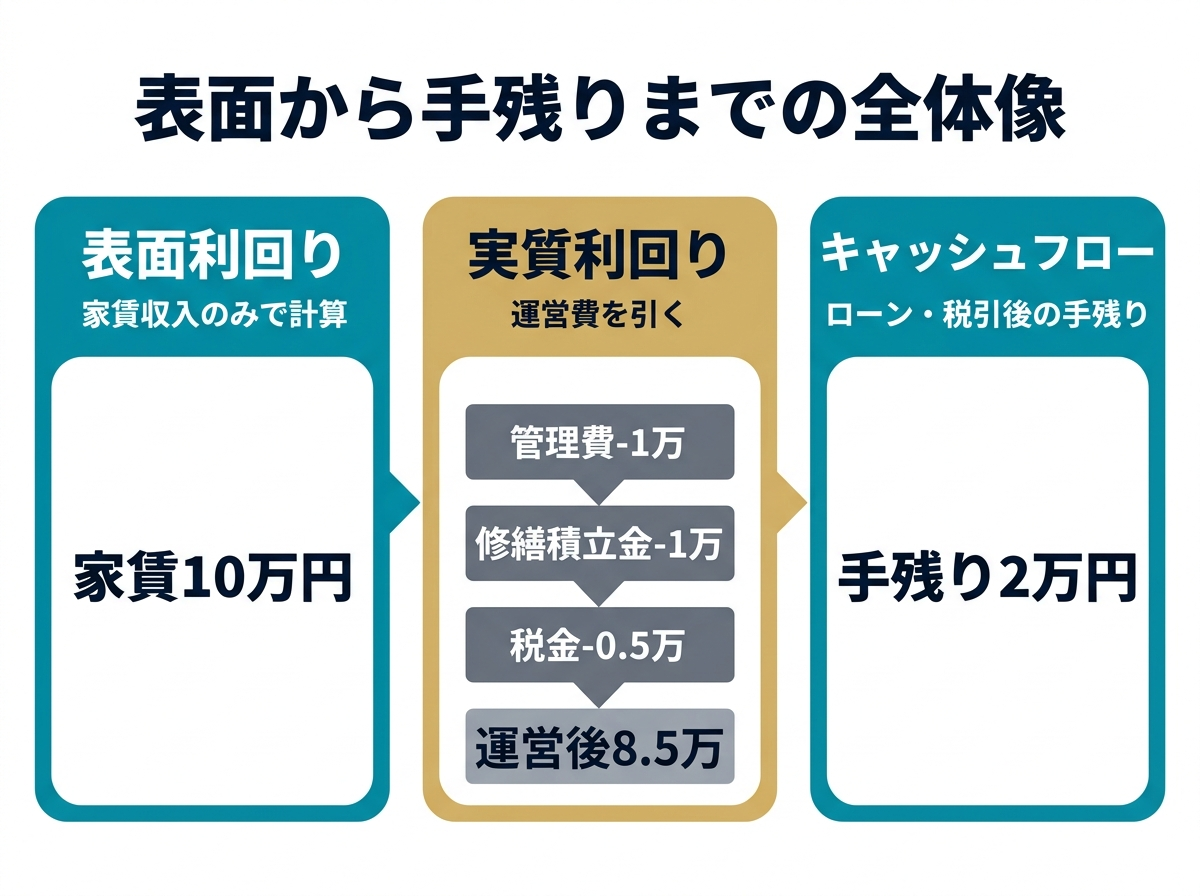 ② 10画像案：表面利回りから実質利回り、さらにキャッシュフローまで落とし込む流れを示した全体図