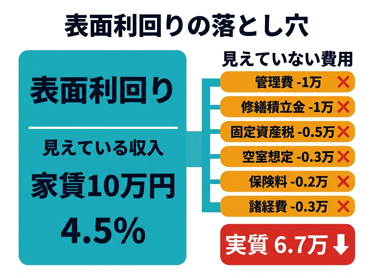② 10画像案：表面利回りの数字から抜け落ちている費用を可視化した図