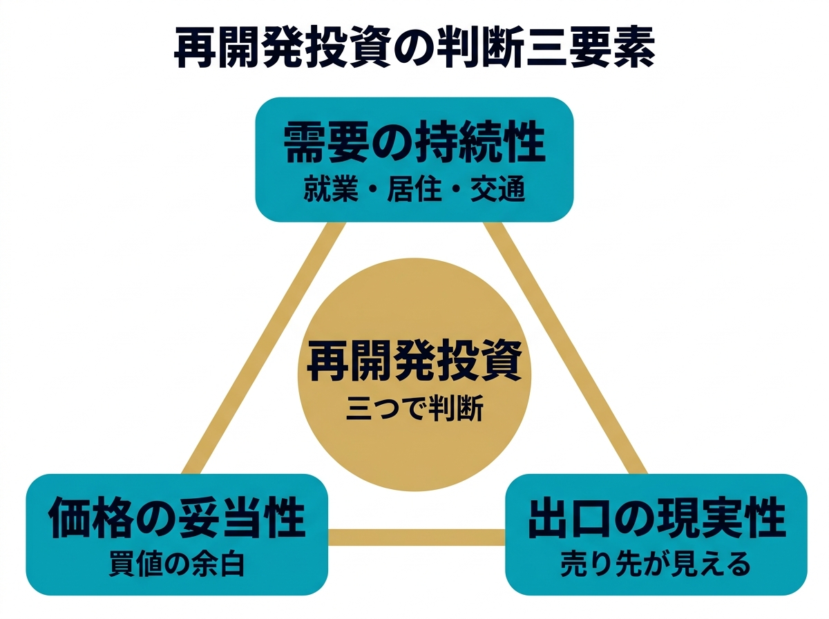 ② 11画像案：再開発投資の判断三要素図