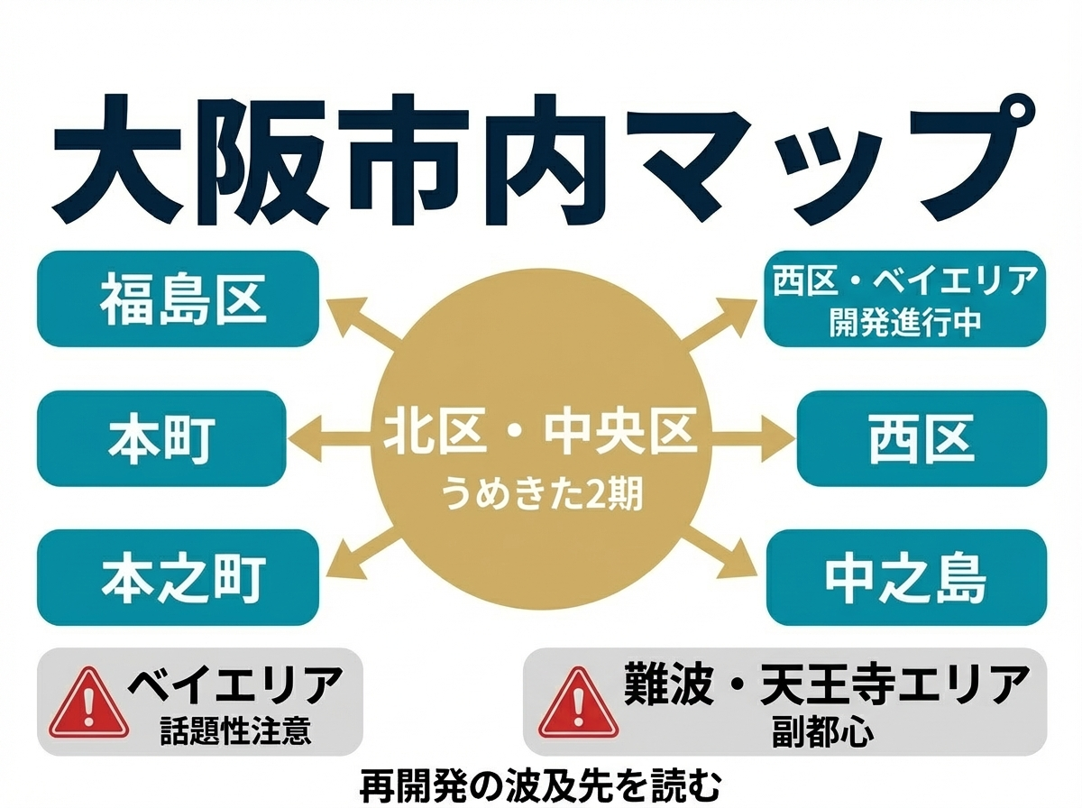 ② 4画像案：大阪市内マップ。北区、中央区、西区、福島区