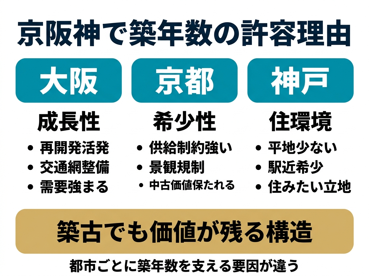 ② 5画像案：大阪、京都、神戸で築年数の許容理由が違うことを示す比較図