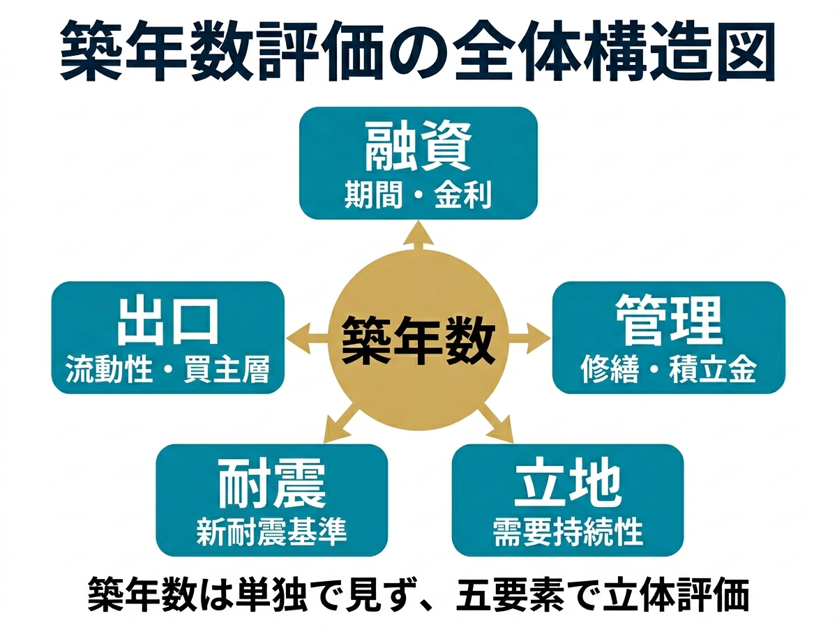 ② 5画像案：築年数だけでなく、融資、耐震、管理、立地、出口の５要素で評価する全体俯瞰図