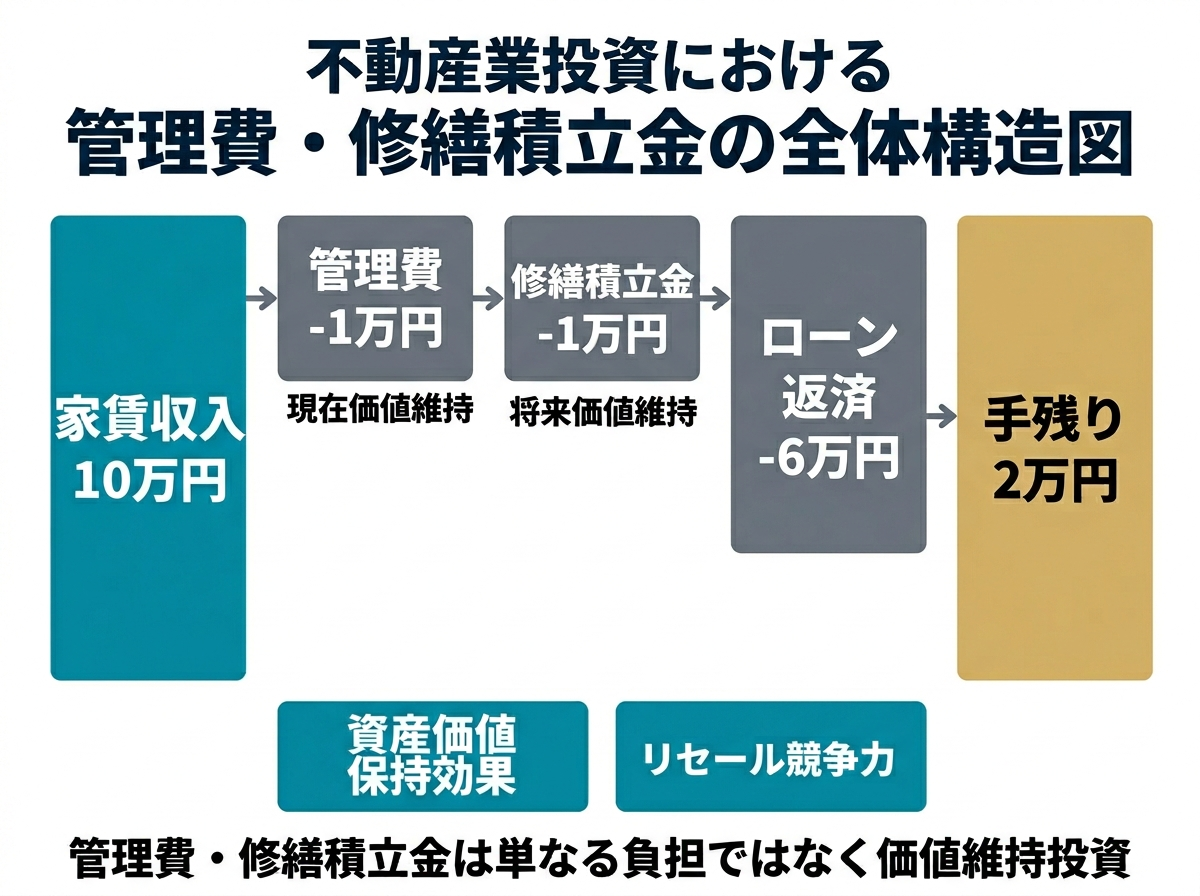 ② 6画像案：家賃収入から管理費・修繕積立金・ローン返済を差し引いた後に、資産価値維持効果まで含めて評価する全体俯瞰図