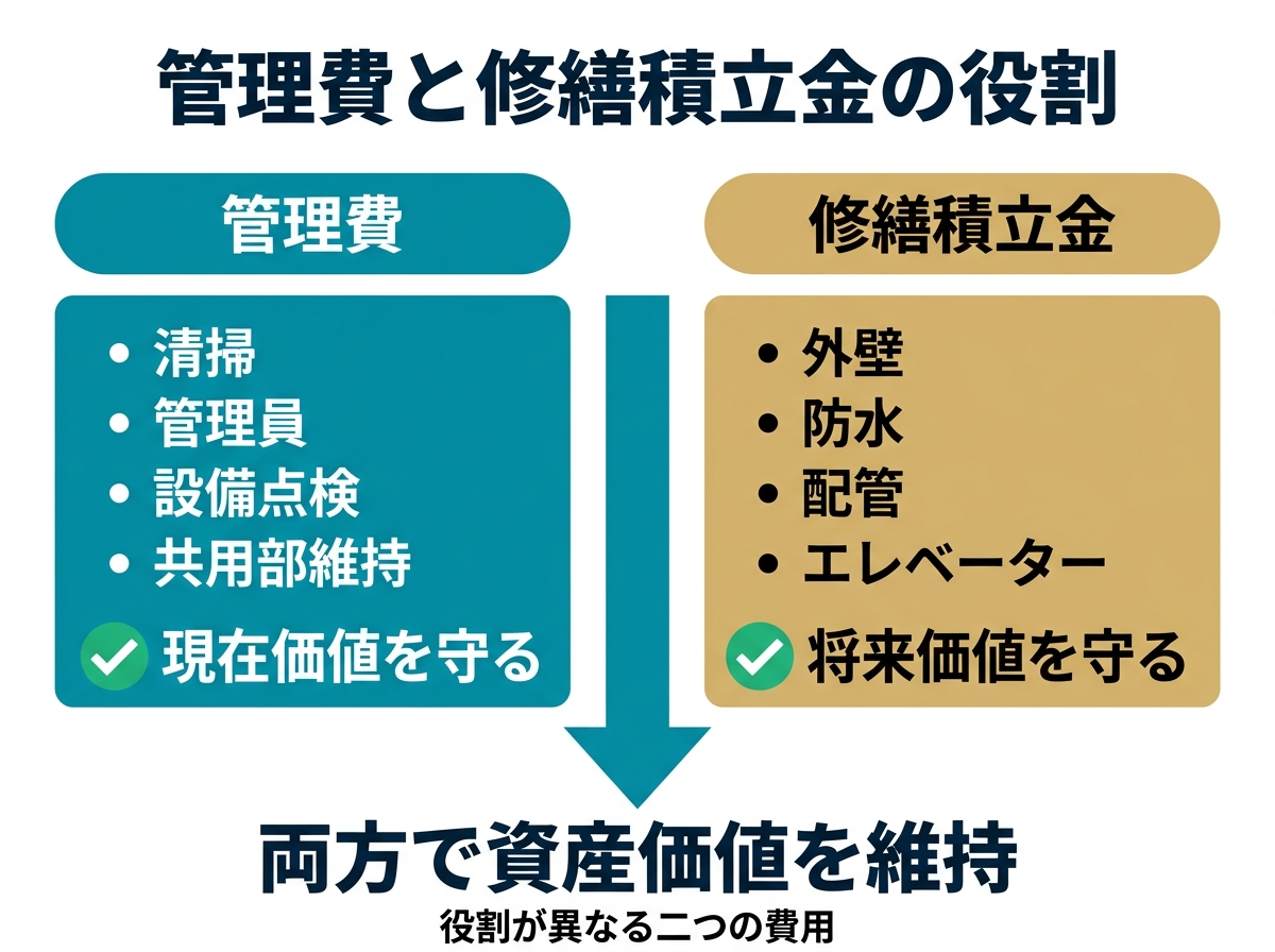 ② 6画像案：管理費＝現在価値を守る費用、修繕積立金＝将来価値を守る費用として役割分担を示す図