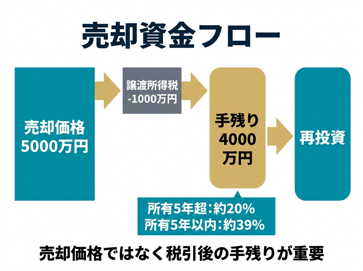 ② 7画像案：売却価格→税金→手残り→再投資の流れを示す資金フロー図