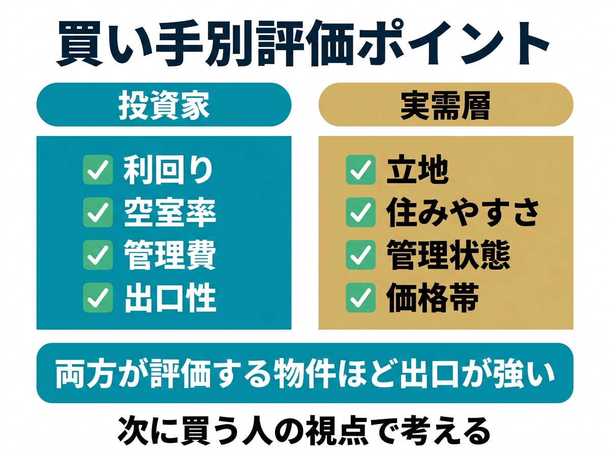 ② 7画像案：買い手の種類別（投資家・実需）に見た評価ポイント整理図