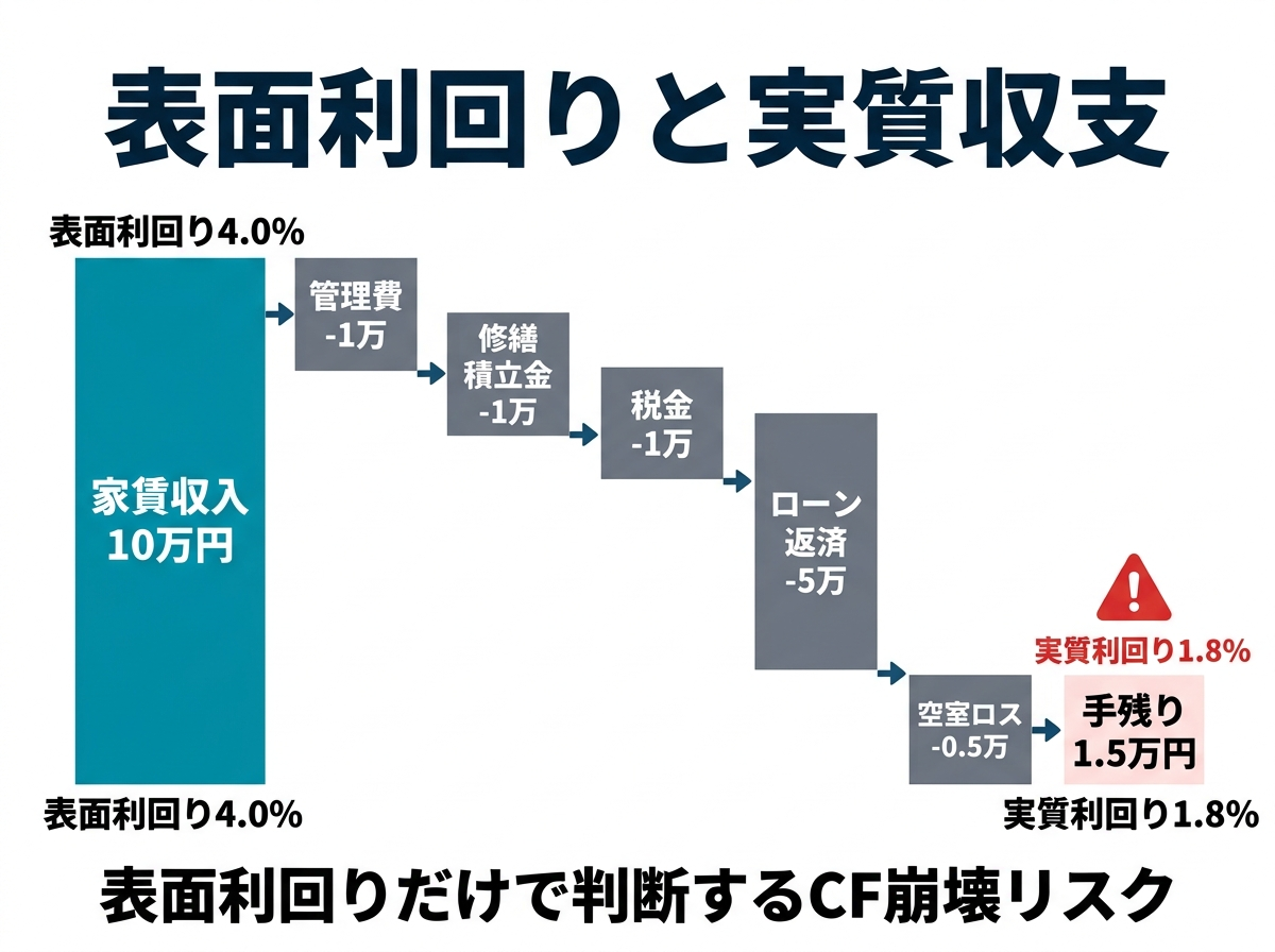② 8画像案：表面利回りと実質収支の差を示す図