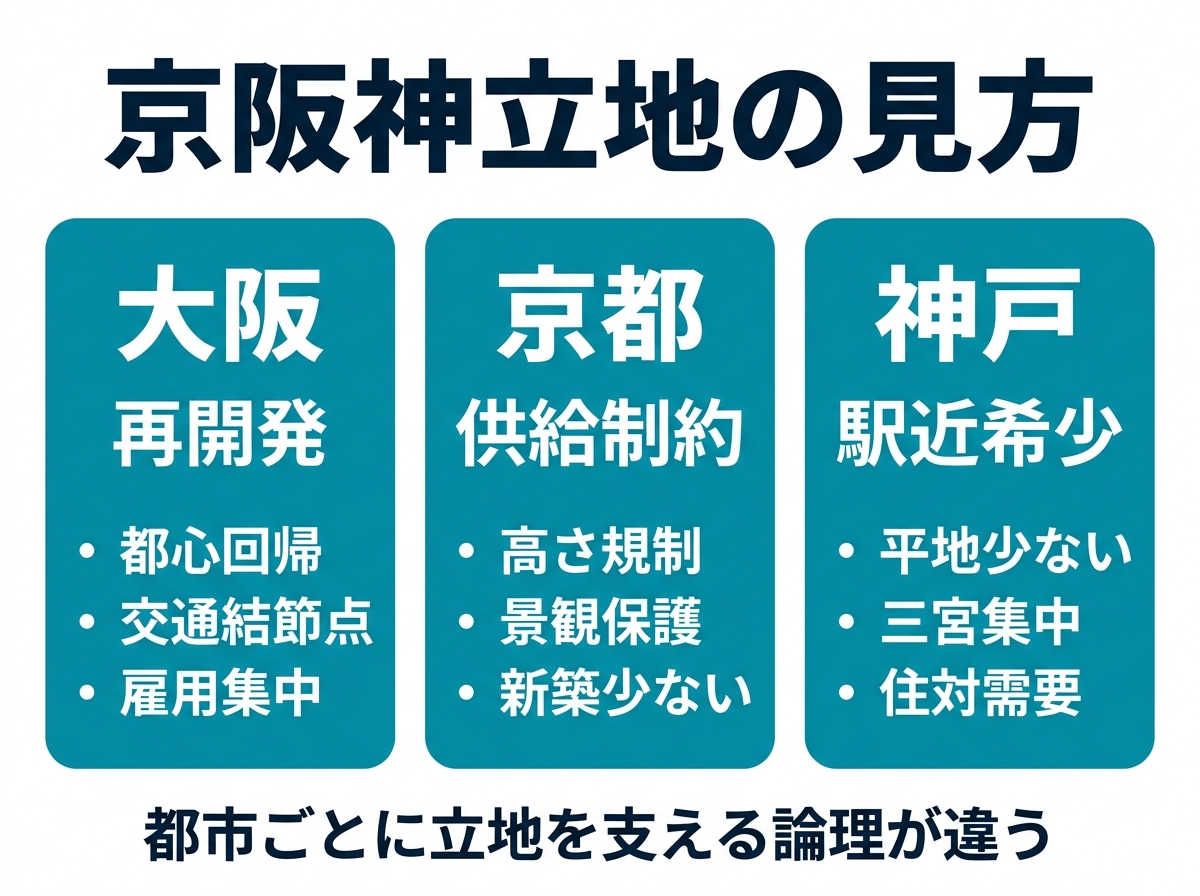 ② 9画像案：大阪、京都、神戸で立地の見方が異なることを示す比較図