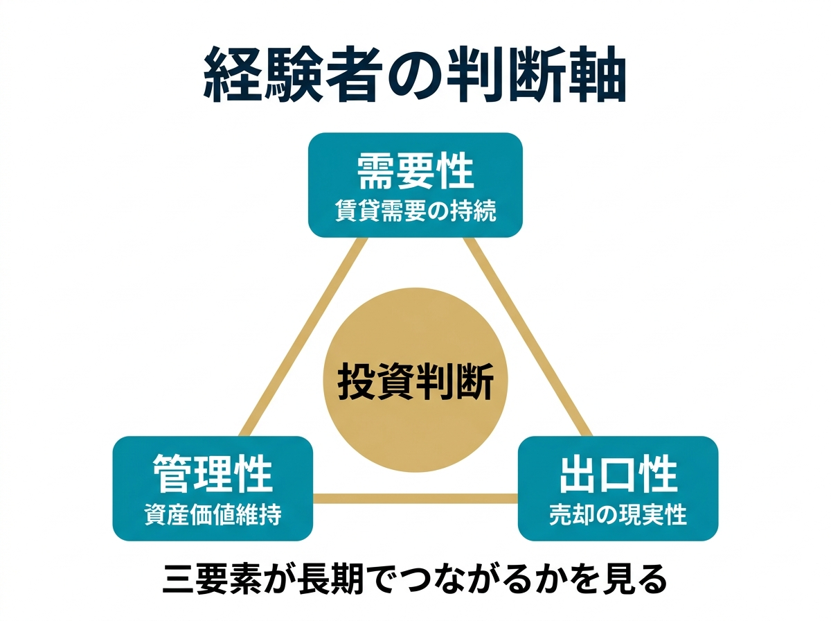 ② 9画像案：経験者の判断軸を三角形で示す図