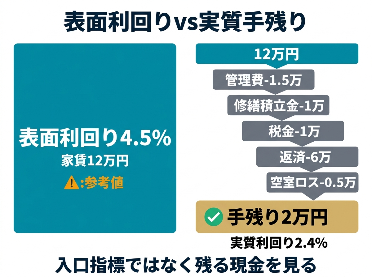 ② 9画像案：表面利回りと実質手残りの差を示す図