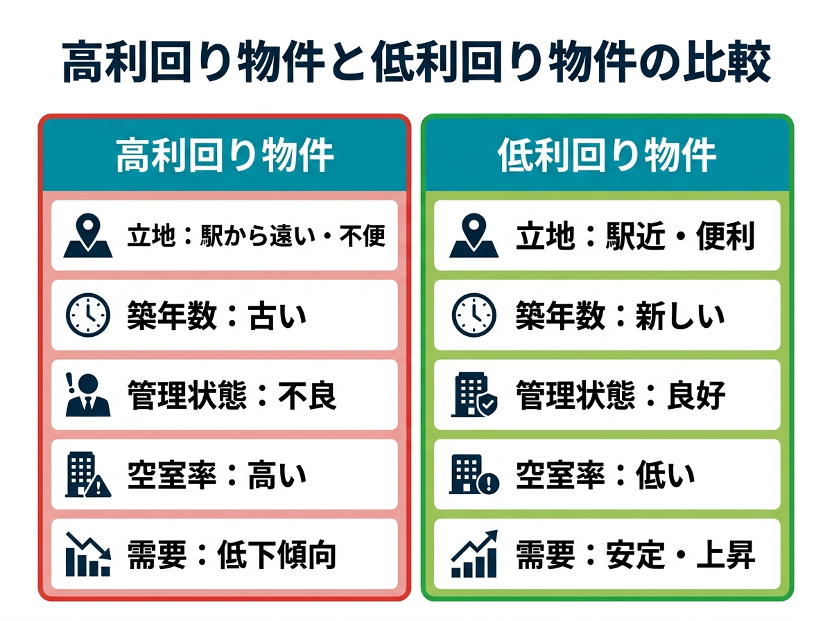 ③ 10画像案：利回りが高い理由と低い理由を分解して見せる比較図