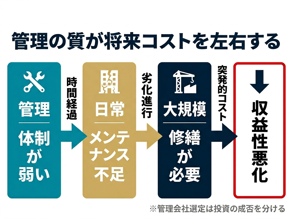 ③ 10画像案：管理の弱さが、後から修繕費の増加として表面化する流れを示す図