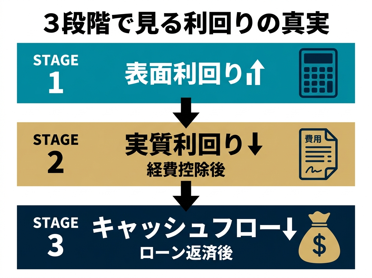 ③ 10画像案：表面利回り、実質利回り、返済後キャッシュフローの差を並べて示す比較図
