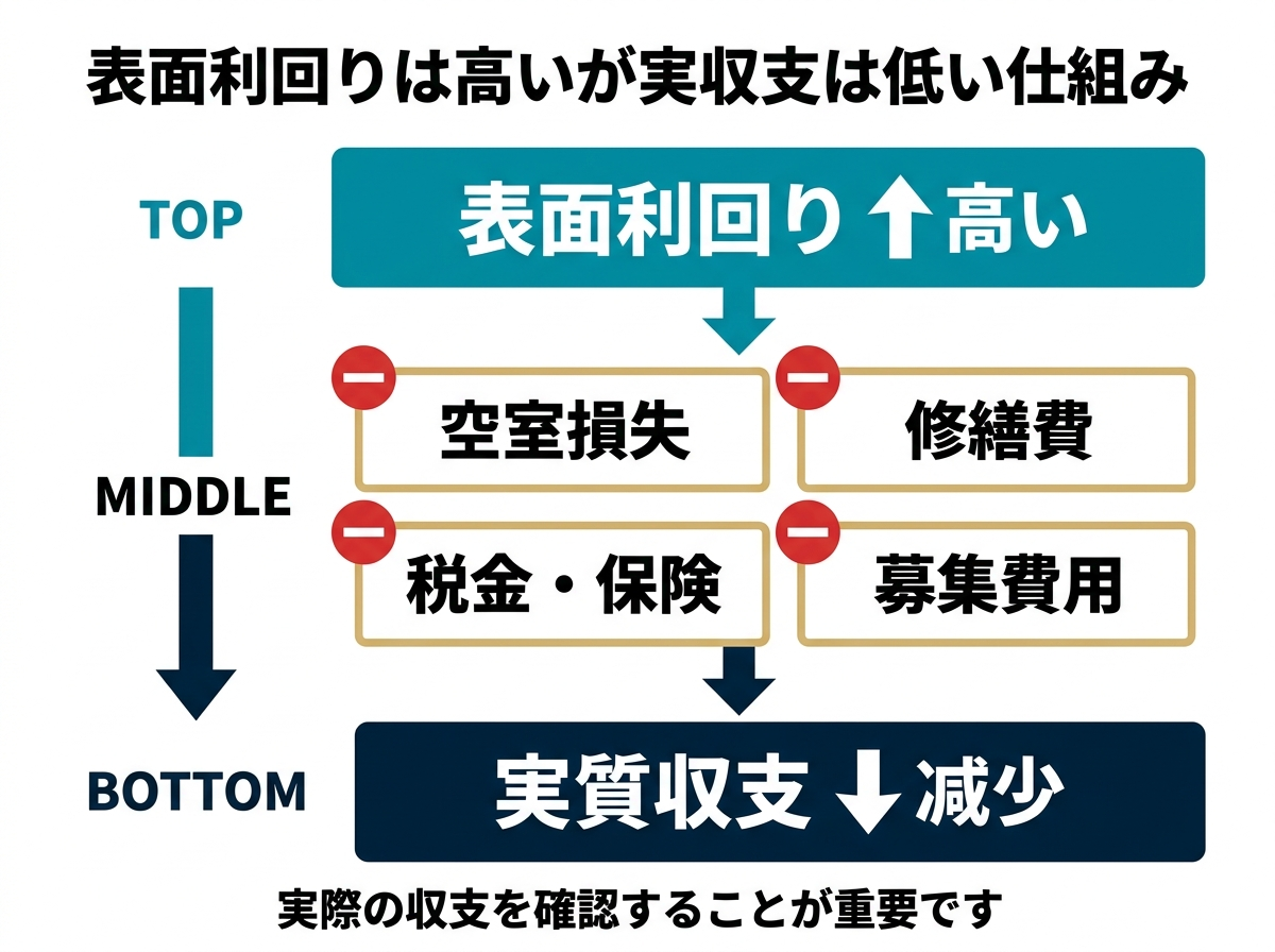 ③ 10画像案：表面利回りは高いのに、空室、修繕、税金、募集費で手残りが削られていく全体図