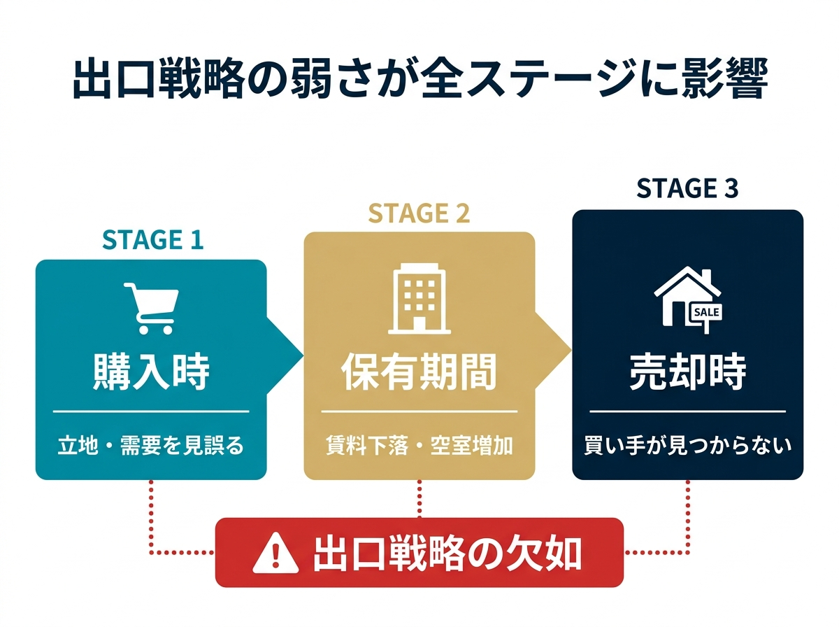 ③ 10画像案：購入時、保有中、売却時で、出口の弱さがどう影響するかを示す図