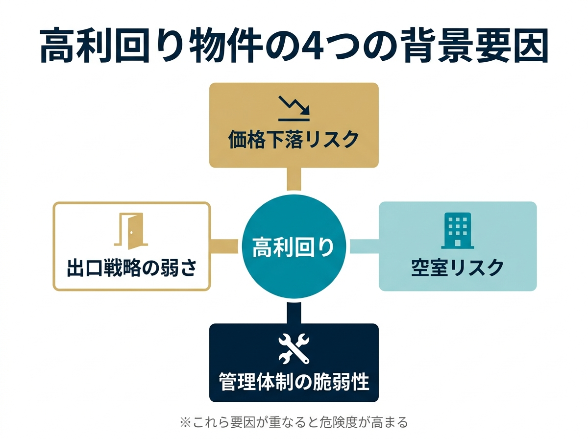 ③ 10画像案：高利回りの背景を、価格下落、空室リスク、管理不全、出口の弱さに分けた整理図