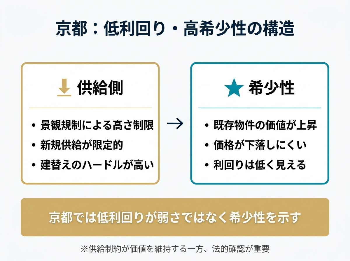 ③ 11画像案：京都中心部で「低利回り・高希少性」になりやすい構造を示す模式図