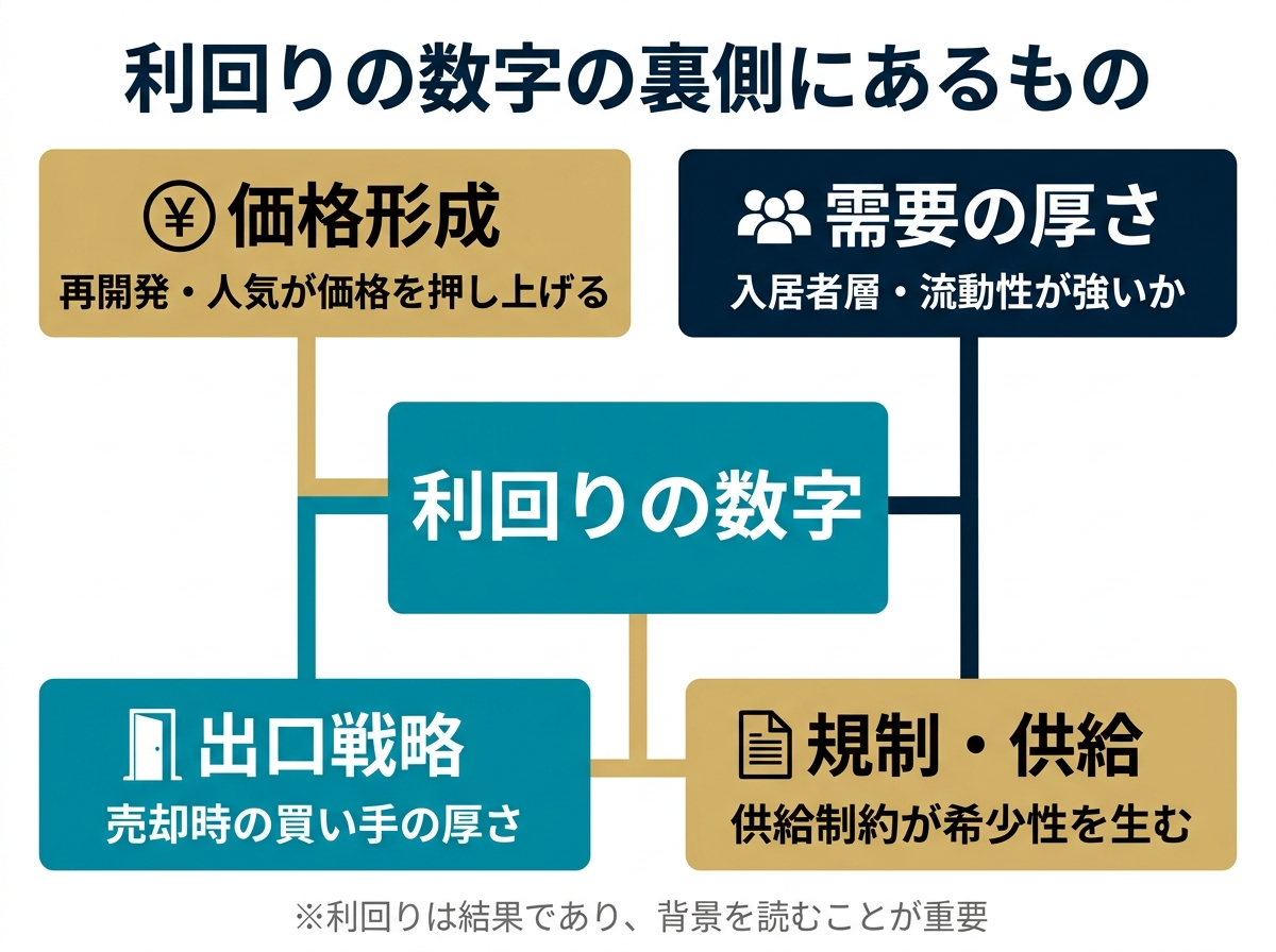 ③ 11画像案：利回りの数字の裏側に「価格」「需要」「規制」「出口」があることを示す分解図