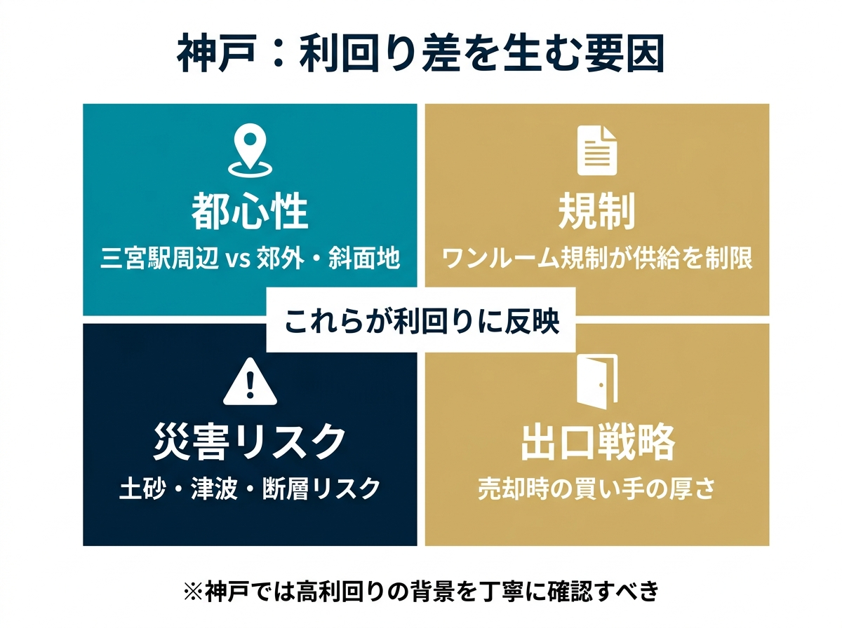 ③ 11画像案：神戸で利回り差が生まれる要因を、都心性、規制、災害、出口で分けた整理図