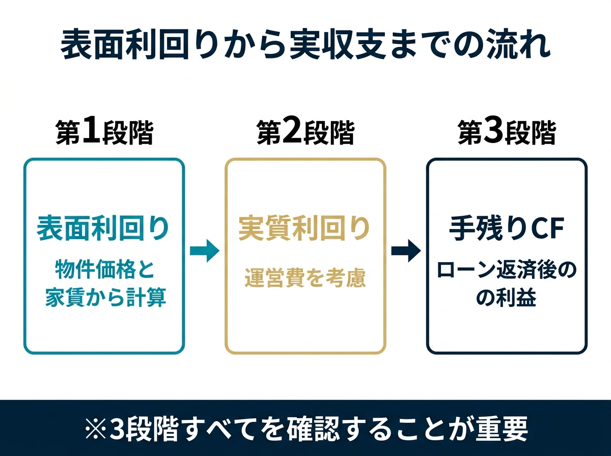 ③ 11画像案：表面利回り、実質利回り、返済後キャッシュフローを順番に落として見せる図