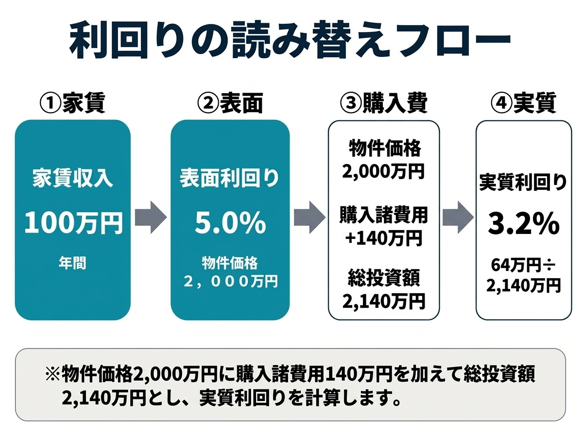 ③ 1画像案：表面利回りから実質利回りへ読み替える判断フロー図