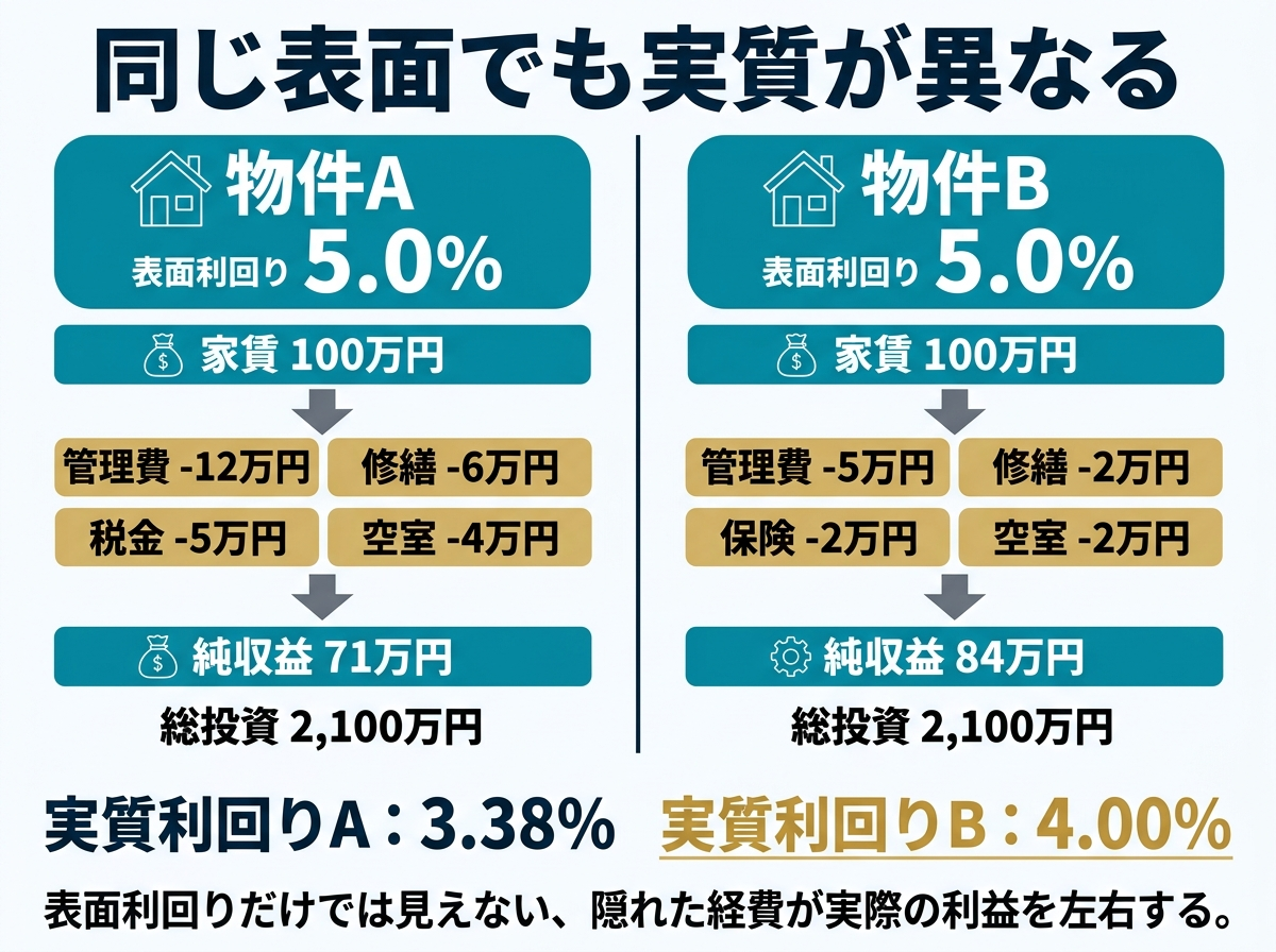③ 1画像案：表面利回りと実質利回りの差が一目で分かる図