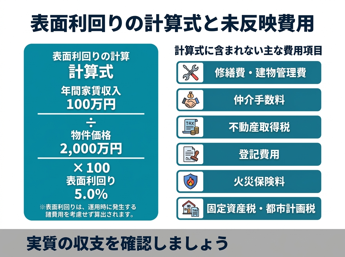 ③ 1画像案：表面利回りの計算式と、そこに含まれていない項目を示す図