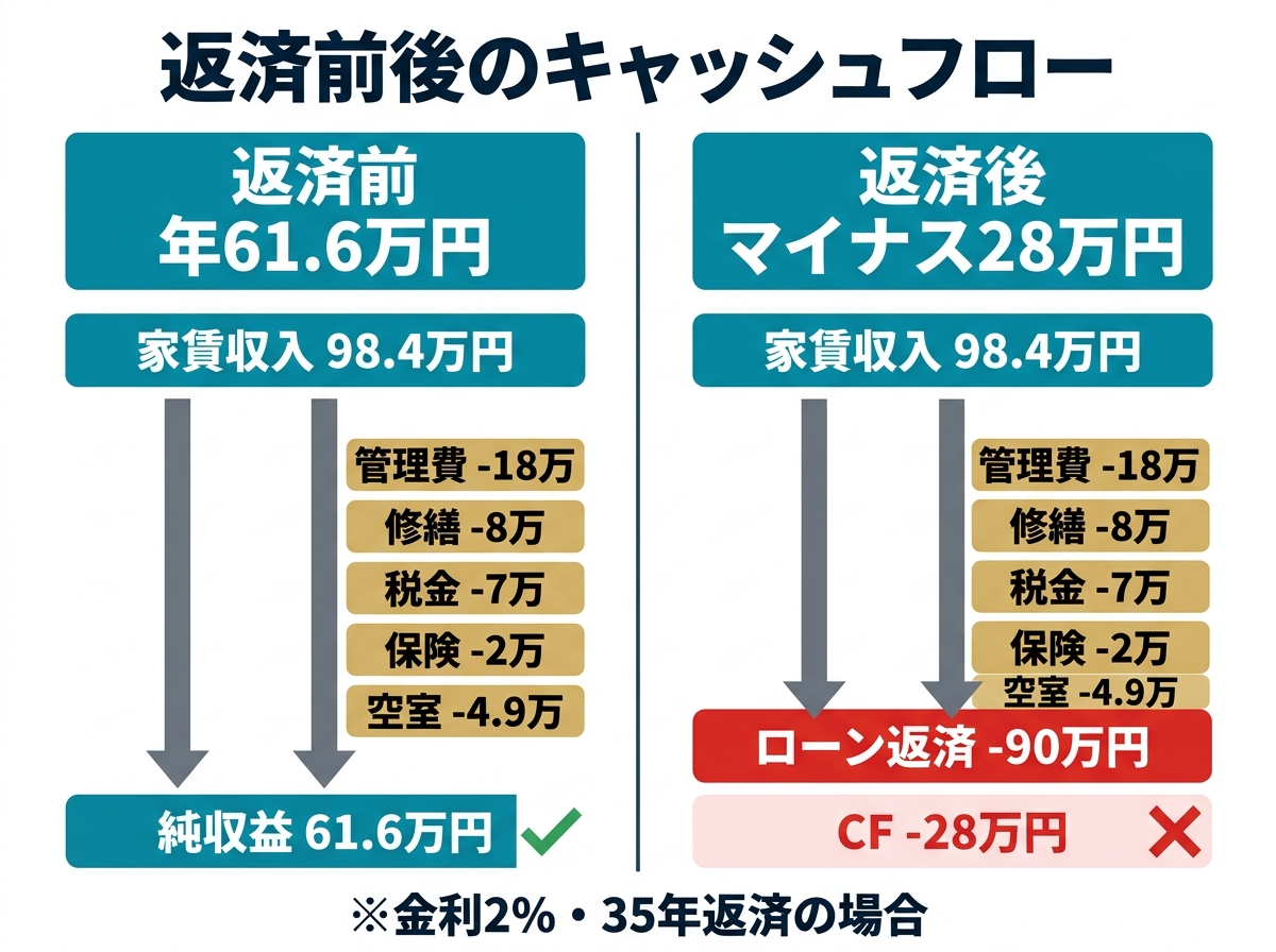 ③ 2画像案：返済前の純収益と返済後キャッシュフローの差を示す図