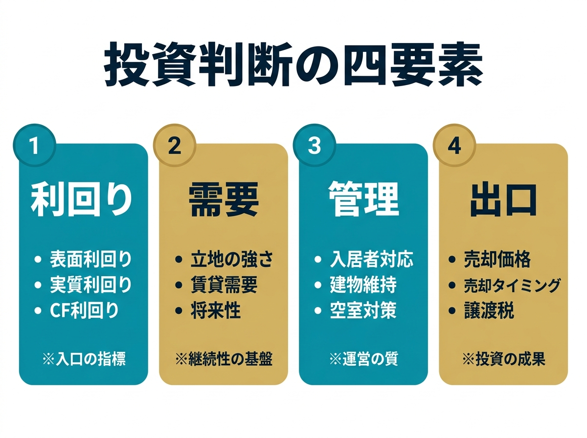 ③ 3画像案：利回り、需要、管理、出口の四要素を並べ、利回りが全体の一部にすぎないことを示す図