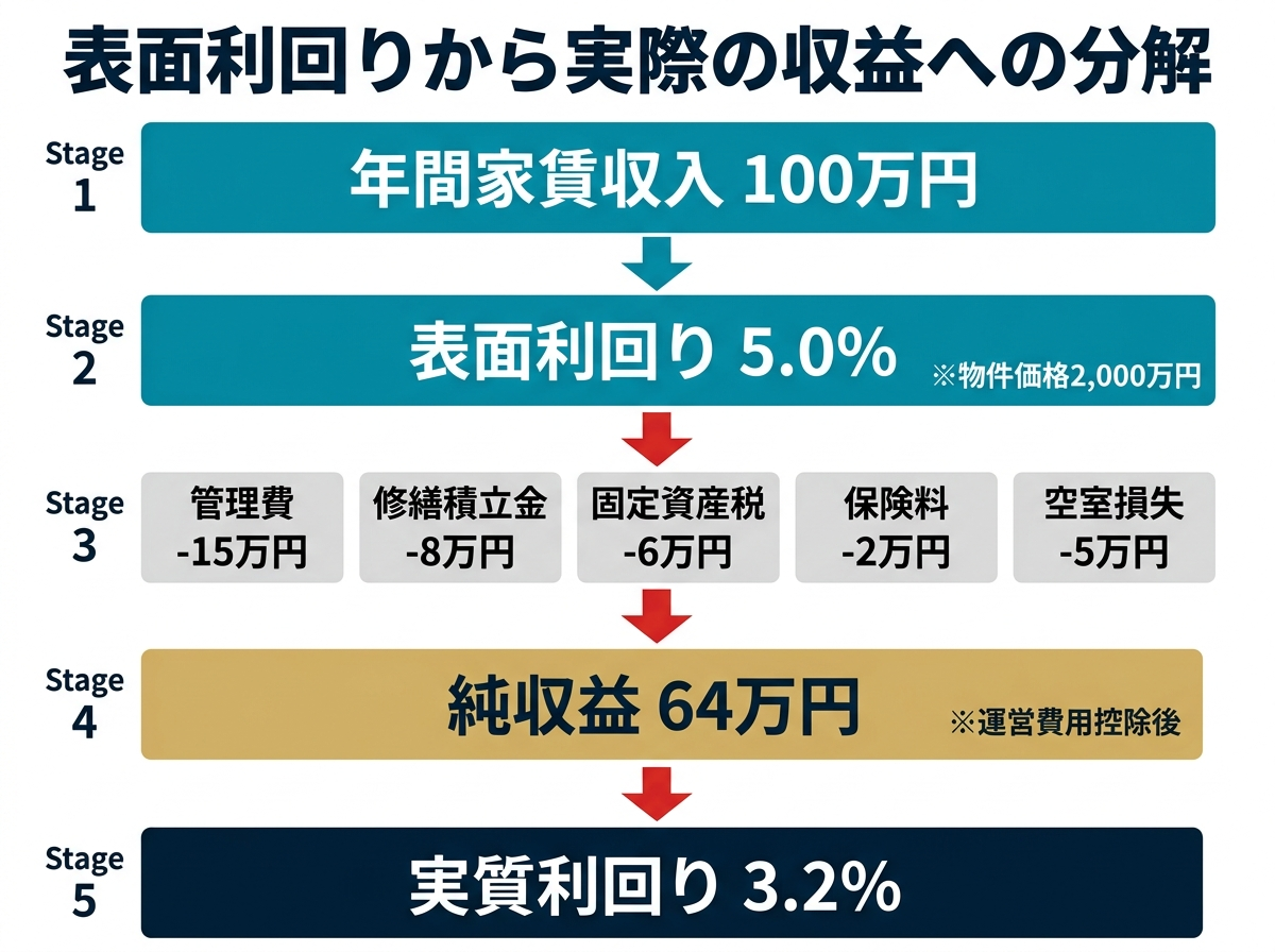 ③ 3画像案：表面利回りから管理費、修繕積立金、税金、空室損失を差し引いていく収益分解図