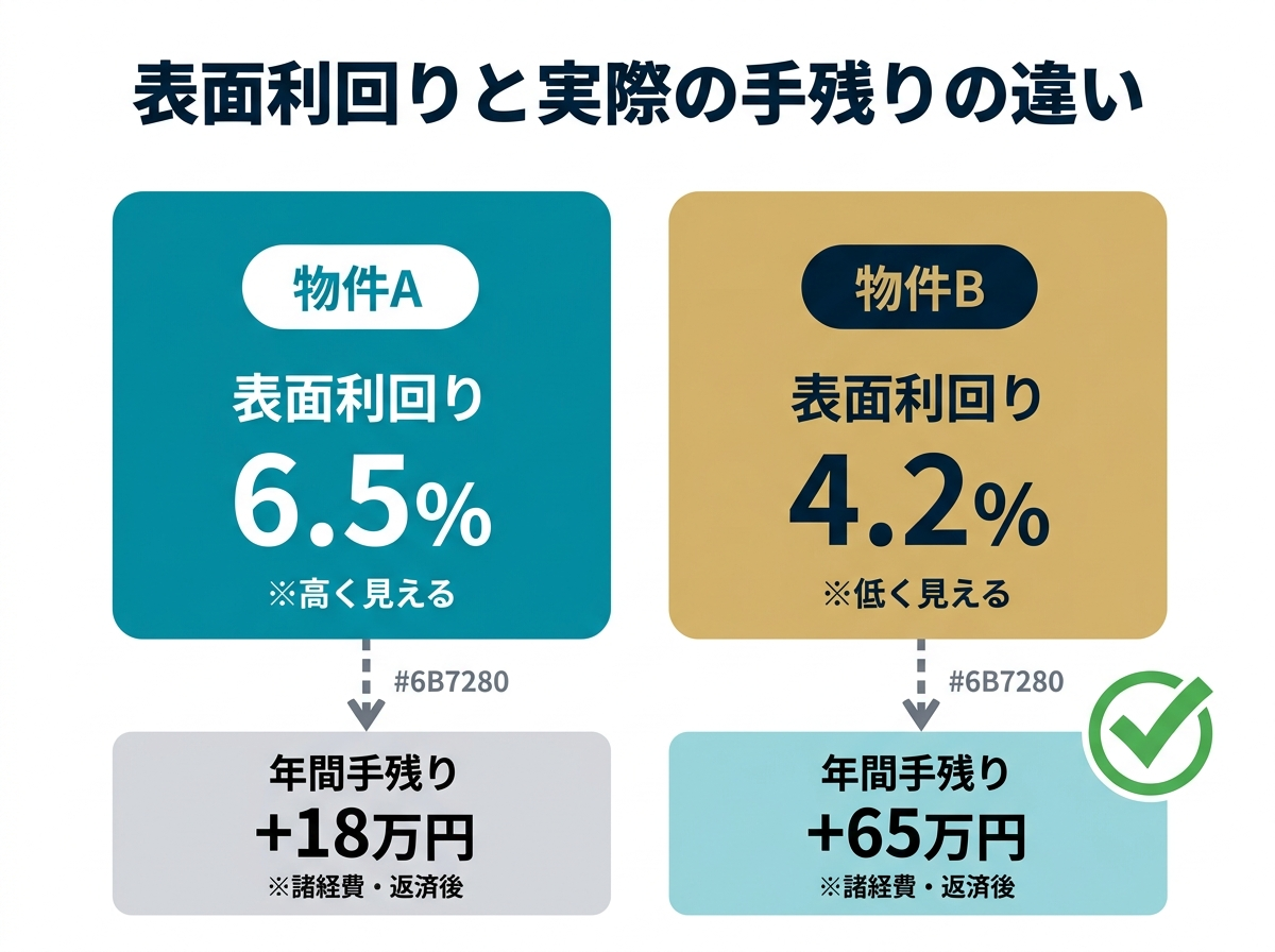 ③ 3画像案：表面利回りが高い物件と、実際の手残りが多い物件が必ずしも一致しないことを示す比較図