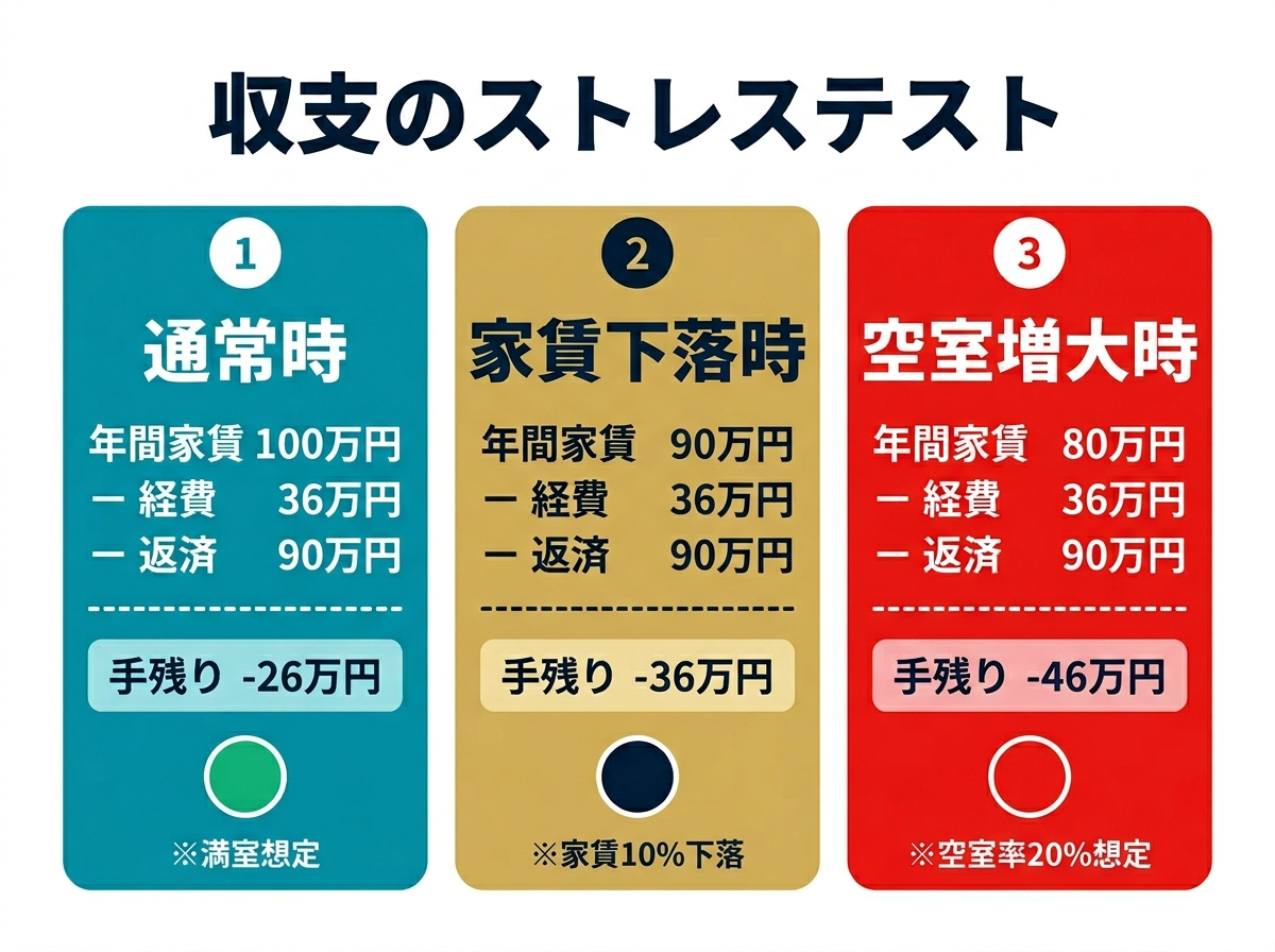 ③ 3画像案：通常時、空室時、金利上昇時で収支がどう変わるかを示すストレステスト図