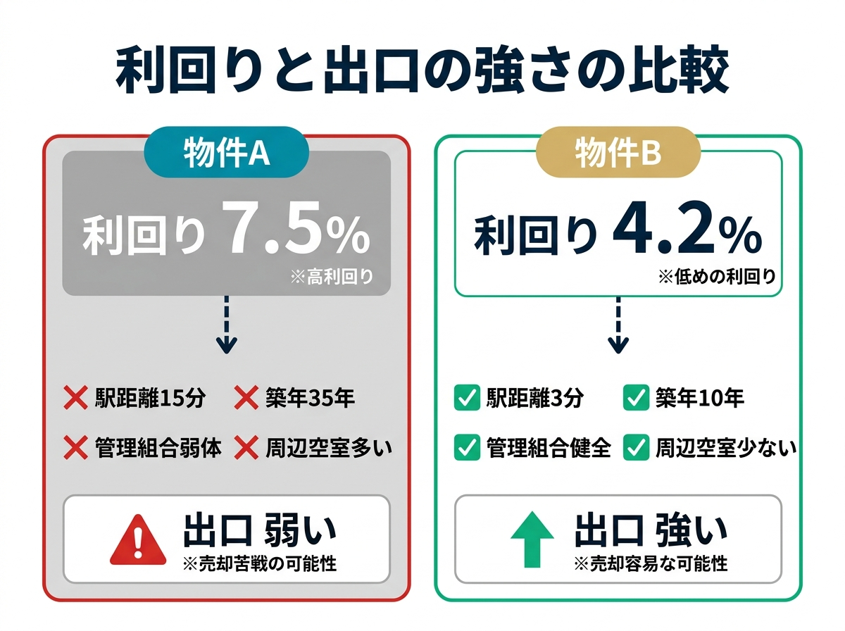 ③ 3画像案：高利回りだが出口が弱い物件と、利回りは低めでも出口が強い物件の比較図