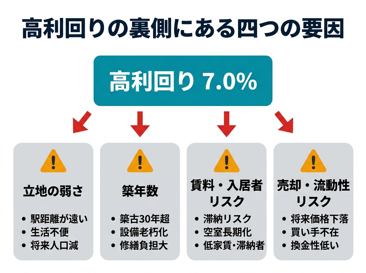 ③ 3画像案：高利回りの裏側にある「立地」「築年数」「管理」「出口」の四つの要因を整理した図