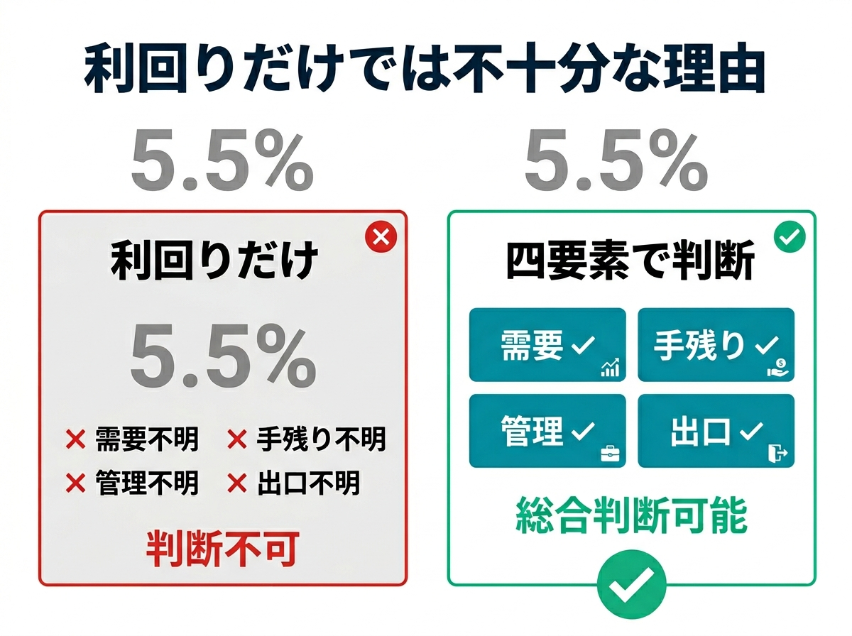 ③ 4画像案：利回りと、需要、手残り、管理、出口を分けて示す比較図。利回りだけでは判断不足になることを示す図