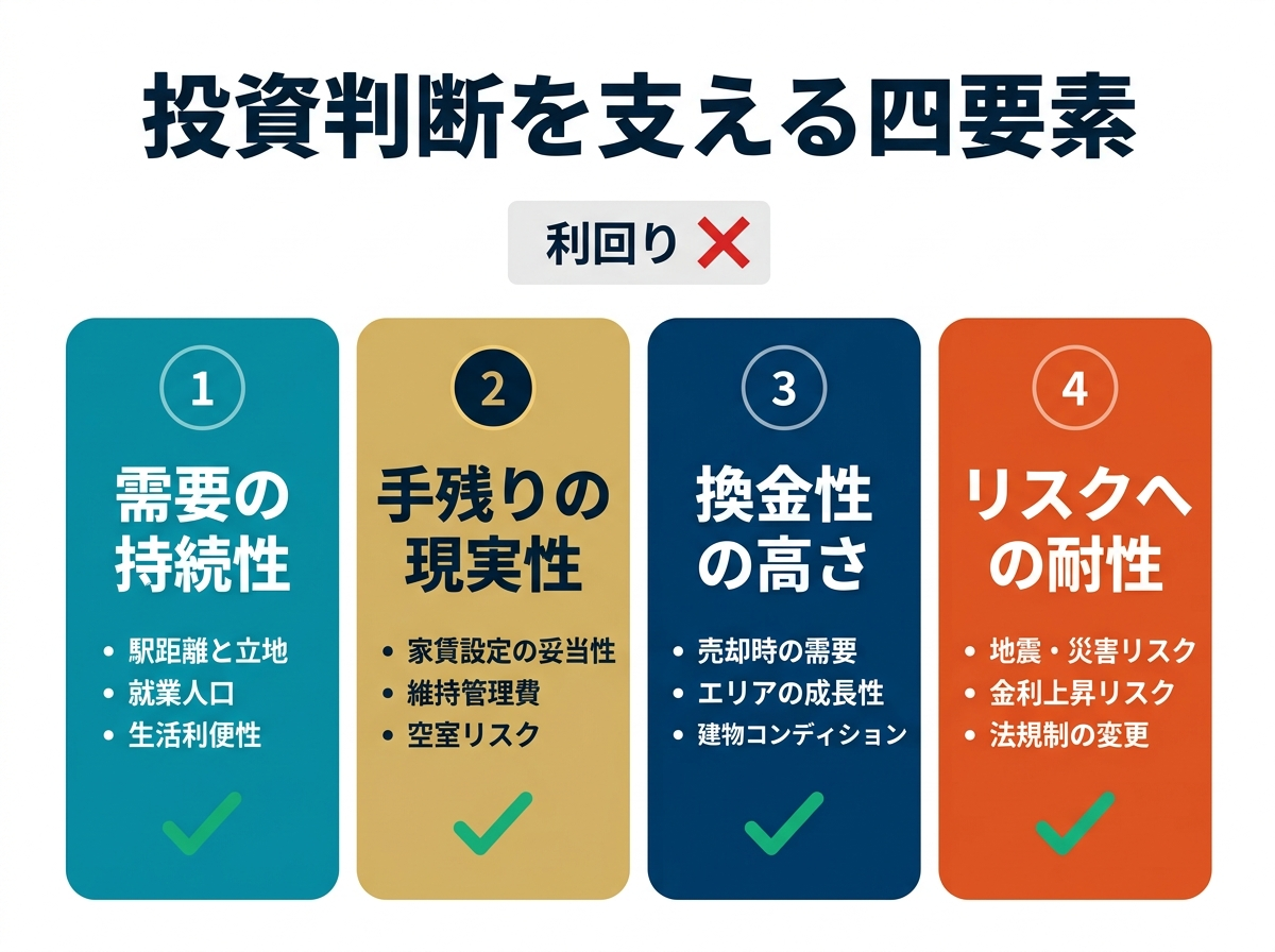 ③ 4画像案：利回りを中心に置くのではなく、需要、手残り、管理、出口の四要素が投資判断を支える全体俯瞰図