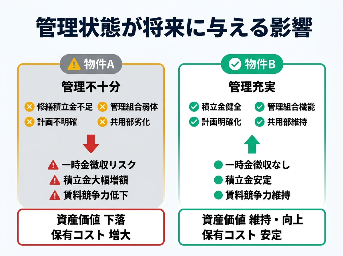 ③ 4画像案：管理状態の良い物件と悪い物件で、将来価値と保有コストがどう分かれるかを示す図
