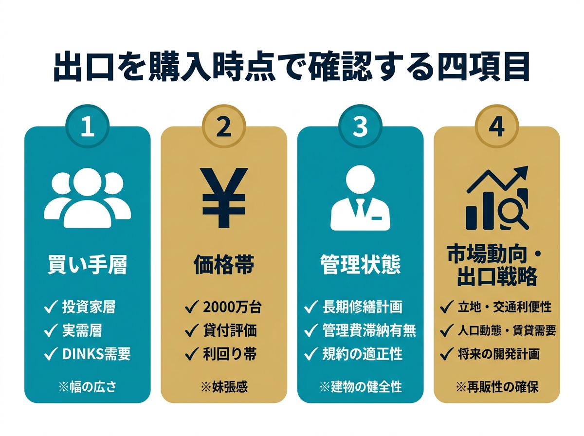 ③ 4画像案：購入時点で出口を確認する図。買い手層、価格帯、管理状態、立地を整理した図