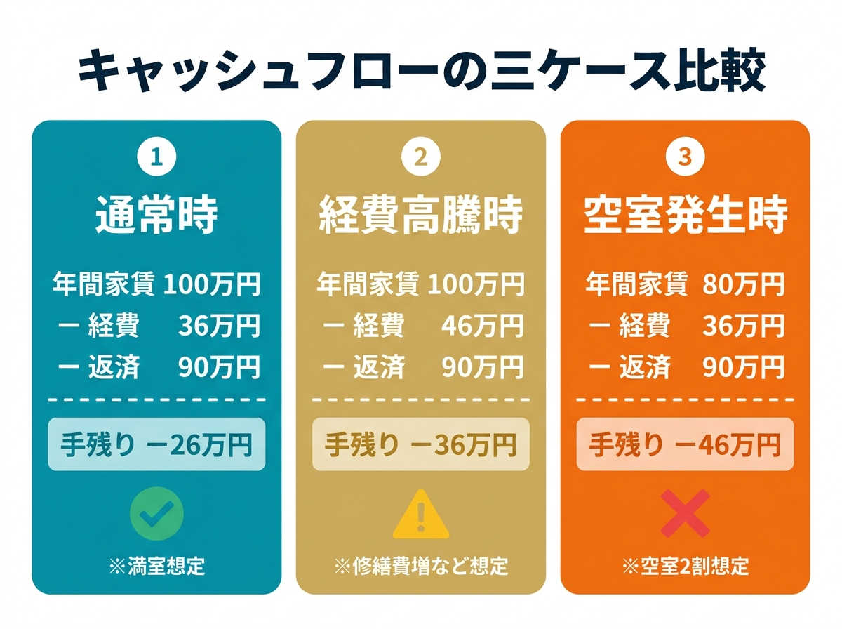 ③ 4画像案：通常時、経費高騰時、空室発生時の三つのキャッシュフロー比較図