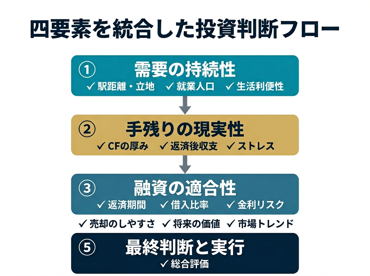 ③ 4画像案：需要、手残り、管理、出口の四要素を一つの判断フローとしてまとめた最終整理図
