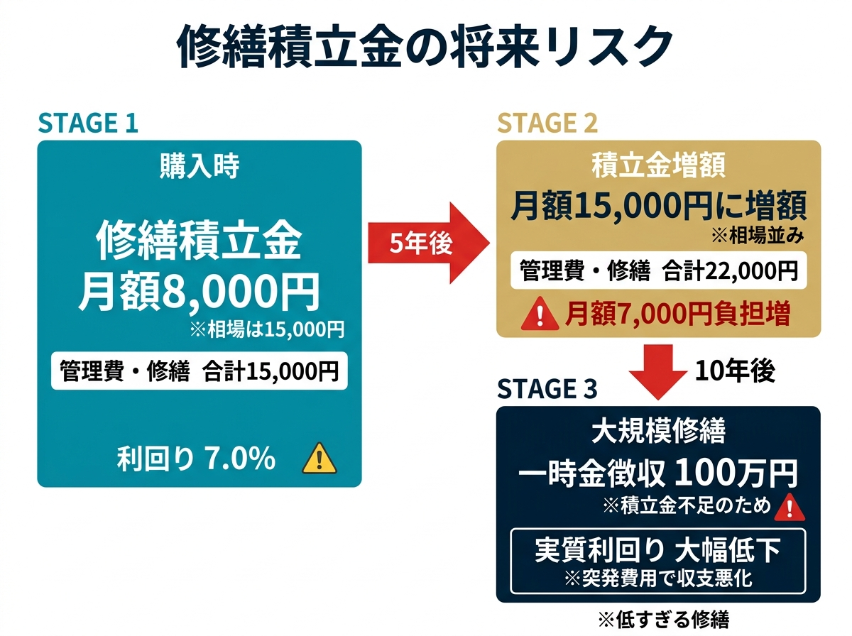 ③ 5画像案：修繕積立金が低い物件ほど、将来の増額や一時金リスクが高くなる流れを示す図