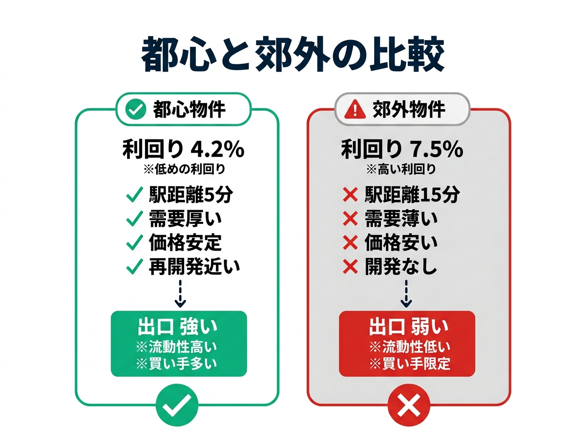 ③ 5画像案：都心の低利回り物件と郊外の高利回り物件を、出口の強さまで含めて比較する図