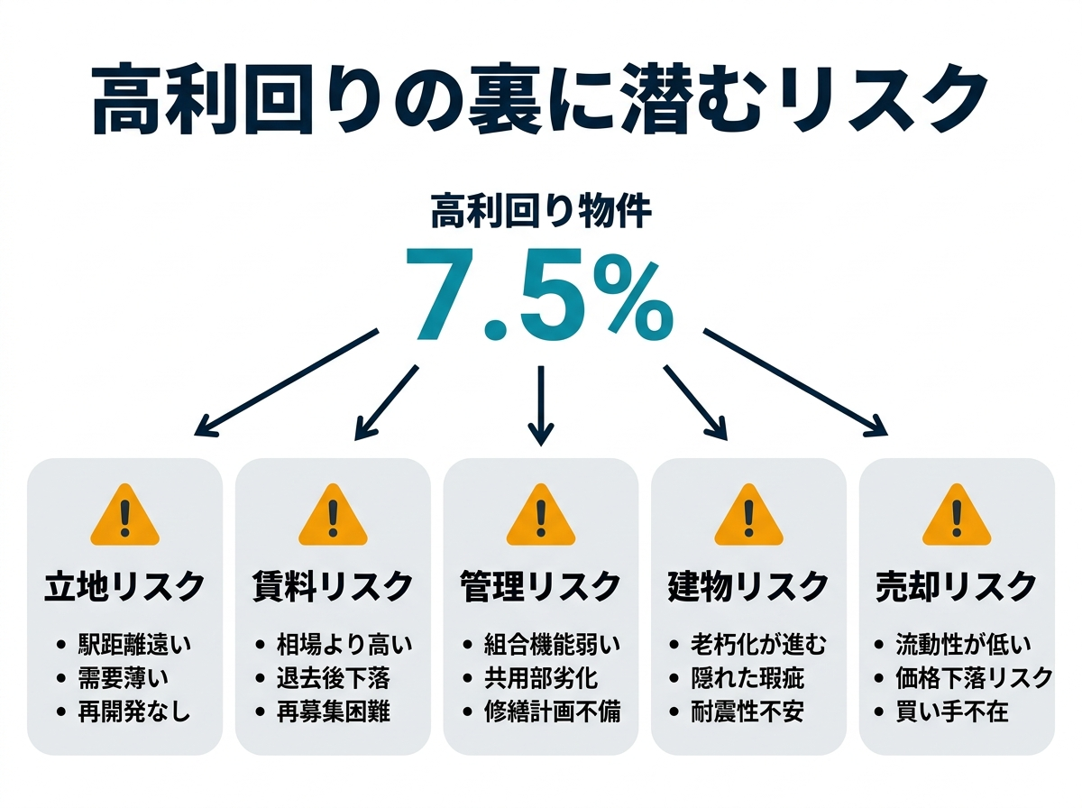 ③ 5画像案：高利回りに見える物件の数字の裏に、立地、賃料、管理、修繕、出口のリスクが隠れていることを示す全体俯瞰図