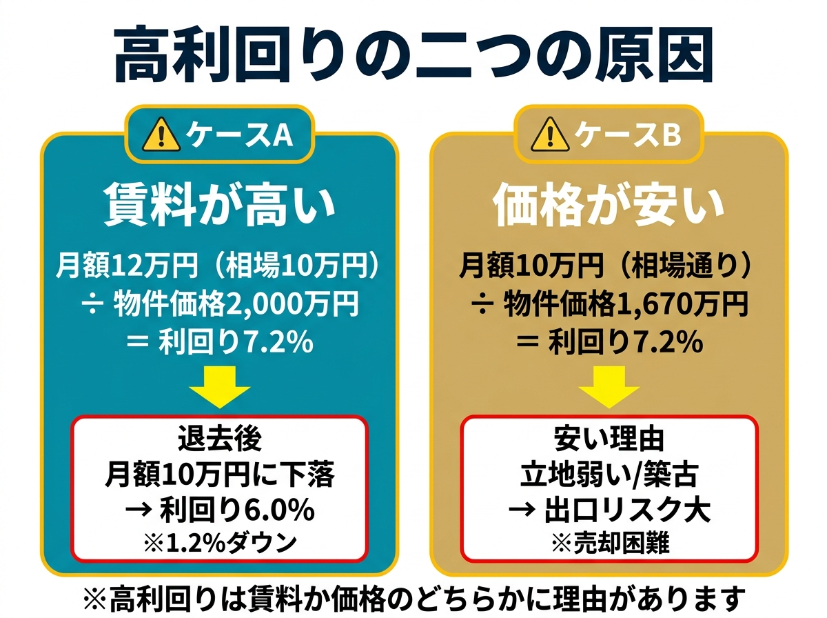 ③ 5画像案：高利回りの原因を、賃料が高い場合と価格が安い場合に分けて示す比較図