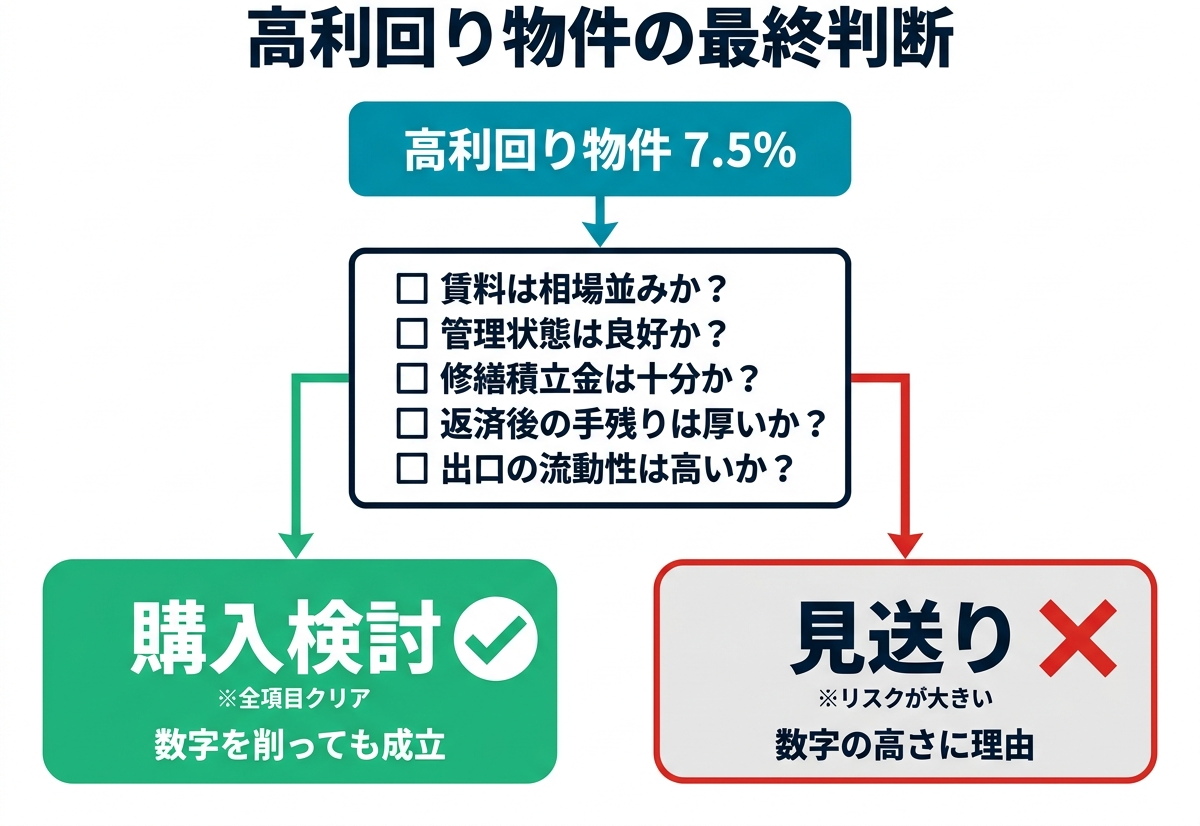 ③ 5画像案：高利回りの裏側にあるリスクを整理し、最終的に買うべきか見送るべきかを判断するまとめ図