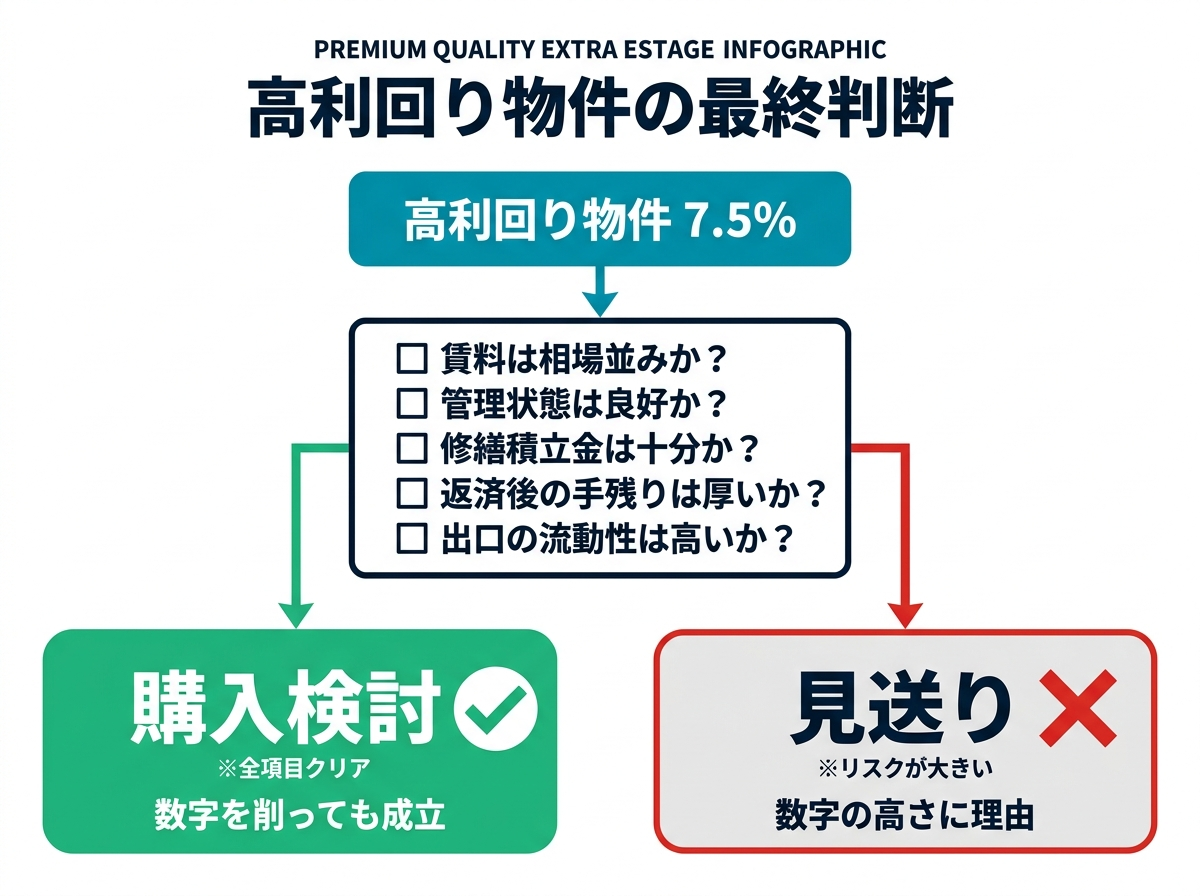 ③ 5画像案：高利回りの裏側にあるリスクを整理し、最終的に買うべきか見送るべきかを判断するまとめ図