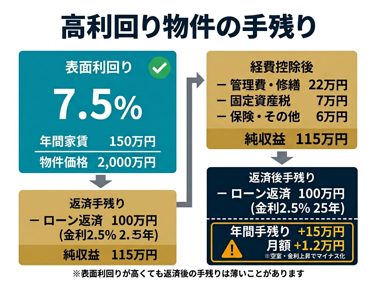 ③ 5画像案：高利回り物件でも融資条件を入れると手残りが薄くなることを示すキャッシュフロー図