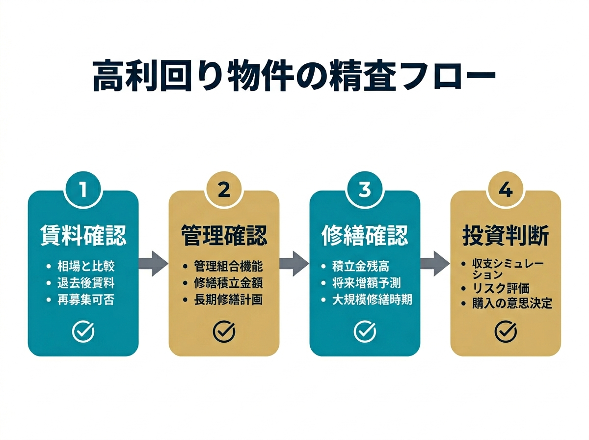 ③ 5画像案：高利回り物件を精査する実務フロー図。賃料確認、管理確認、修繕確認、ＣＦ確認の順番を示す図