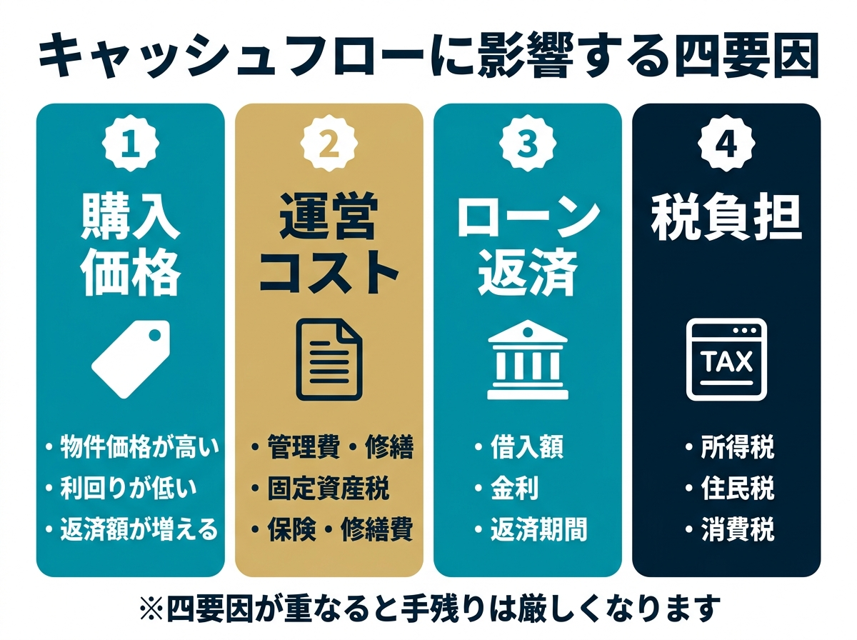 ③ 6画像案：キャッシュフローが出ない要因を、買値、経費、返済、税負担の四要素で整理した図